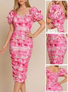 Amorya Women's Elegant Ruched Bodycon Floral Print Short Sleeve Midi Dress Fall/Winter Women Clothes Back To School Modest Vintage Old Money Teacher Outfits For Women Airport Beautiful Clothing For Women - Multicolor - View 1