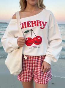 SHEIN Tween Girls Cherry Print Asymmetric Neck Sweatshirt And Plaid Shorts Casual 2-Piece Set - Grey - View 1