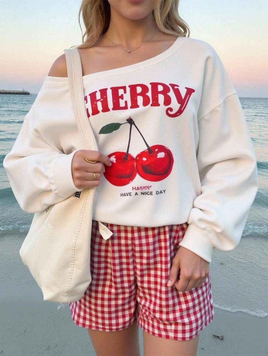 SHEIN Tween Girls Cherry Print Asymmetric Neck Sweatshirt And Plaid Shorts Casual 2-Piece Set - Grey - View 1