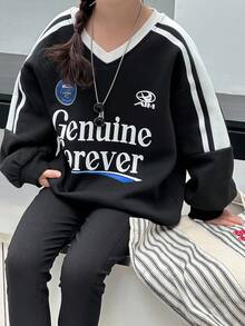 DAZY 女童V领艺术印花长袖卫衣，秋冬新款女童服装 - 黑色 - 查看 6