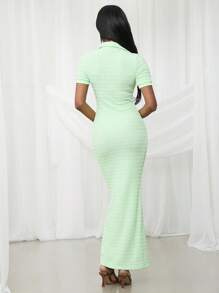 NYA SZN Dress Maxi Spring Collared Short Sleeve Textured Fitted Festival Summer Maxi Day Vacation Modest Spring Break Graduation Wedding Guest Special Occasion Bridal Dinner Prom Statement Festival Outfits For Women - Green - View 2