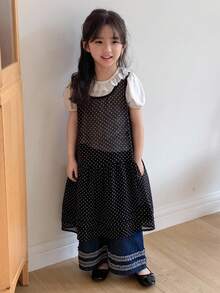 Dazy Kids Young Girl Polka Dot Print Ruffle Hem Sleeveless Dress - Black - View 2