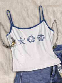 Attitoon 3pcs Casual Vacation Style Cream Yellow Chill Vacation Tropical Hibiscus, Blue Hibiscus, Blue Starfish & Seashell Beach Print Women Camisole Sexy Spaghetti Strap Tank Tops, Suitable For Summer Vacation Suitable For Going Out,Halter Top