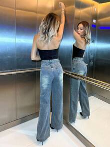 Manon Tanti 女士寬鬆休閒丹寧寬腿褲，附口袋 - 深色水洗藍 - 查看 2