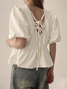 DAZY Women's Casual Solid Color Puff Sleeve Round Neck Tie Back Blouse, Summer