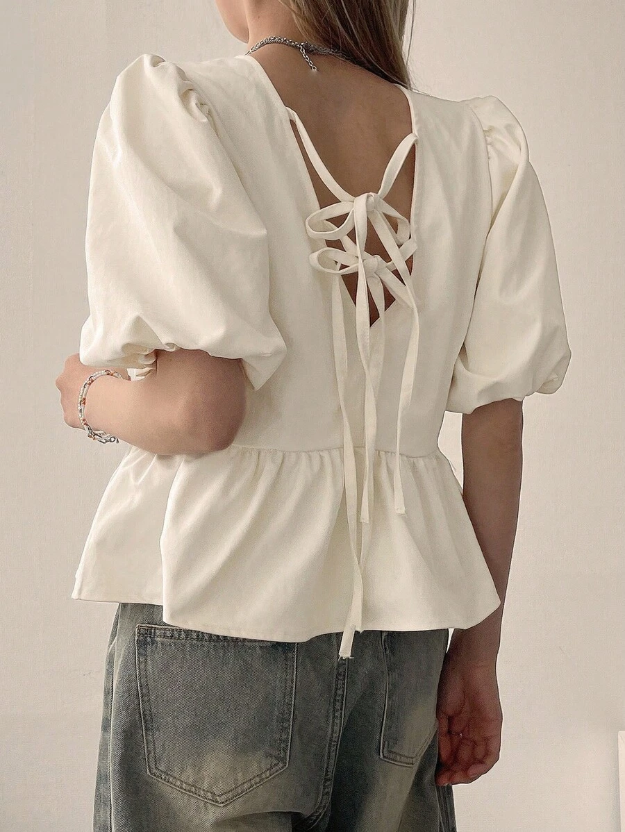 DAZY Women's Casual Solid Color Puff Sleeve Round Neck Tie Back Blouse, Summer