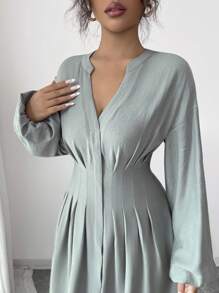 Elenzga 女士优雅复古腰带褶皱长袖中长连衣裙，适合办公室、通勤、海滩度假、休闲下午茶、春夏季 - 薄荷綠 - 查看 2