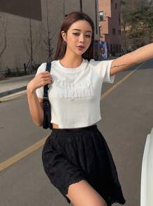 DAZY Camiseta crop en relieve de letra tejido de canalé - Blanco - Ver 5