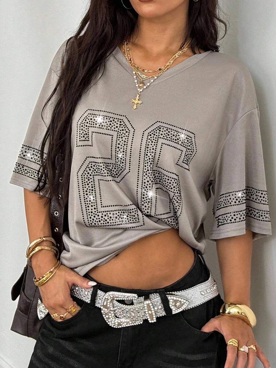Coolane 女士夏季节日街头风 Y2K 钻石图案宽松 T 恤 - 灰色 - 查看 1