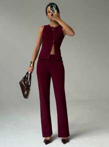 Aloruh 1 套梅紫色无袖薄披肩领开衫 + 直腿加长女毛衣裤，2 件针织套装 - 中紫紅色 - 查看 5