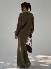 Aloruh 杏色超大落肩长袖开衫+长款A字下摆毛衣裙两件套女装秋季 - 杏色 - 查看 4