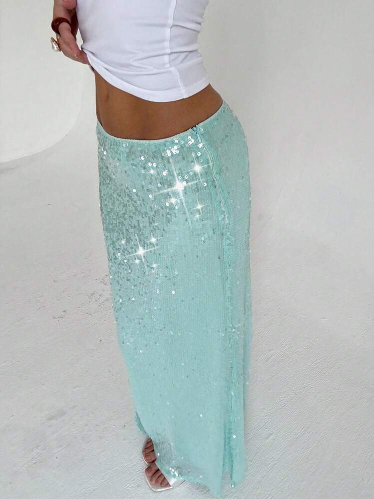 Aloruh Nueva falda larga con brillo estilo Y2K, falda ajustada minimalista sexy con lentejuelas de moda para fiestas, festivales de música y vacaciones con cintura baja - Azul - Ver 7