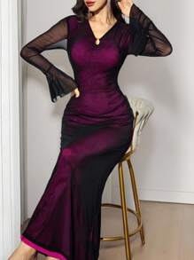 Modelyn Robe élégante femme avec manches en cloche en maille et jupe évasée