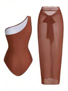 Swim Oasis Women's Solid Color Ruched Mesh Panel One-Piece Swimsuit With Sarong Skirt For Summer Beach Vacation - Brown - View 2