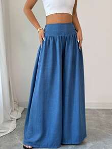 SHEIN LUNE 女式低腰牛仔蓝色垂坠面料侧扣设计优雅休闲度假氛围感恩节万圣节秋季新款时尚百搭小众设计宽松直筒阔腿长裤 - 藍色 - 查看 4