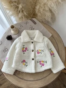 SHEIN Baby Girl Thick Fleece Embroidered Flower Collar Long Sleeve Jacket, Autumn/Winter Fall - White - View 6