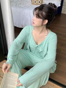 Dazy Plus 3pcs Solid Color Knit Twist Design Camisole Top Coat & Pants Loungewear Set, Plus Size, Outfits, Fall Clothes - Mint Green - View 9