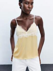 Maija Yellow Spaghetti Strap Cami With Lace Detail And Plant-Inspired Pattern,Fall Women Clothes,Halloween,Autumn, Christmas Women's Clothing  Christmas Pajamas Family