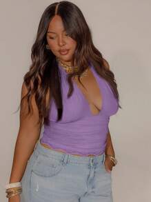 Aralina 加大码曲线褶饰露背蕾丝边修身可爱夏季女式弹力上衣