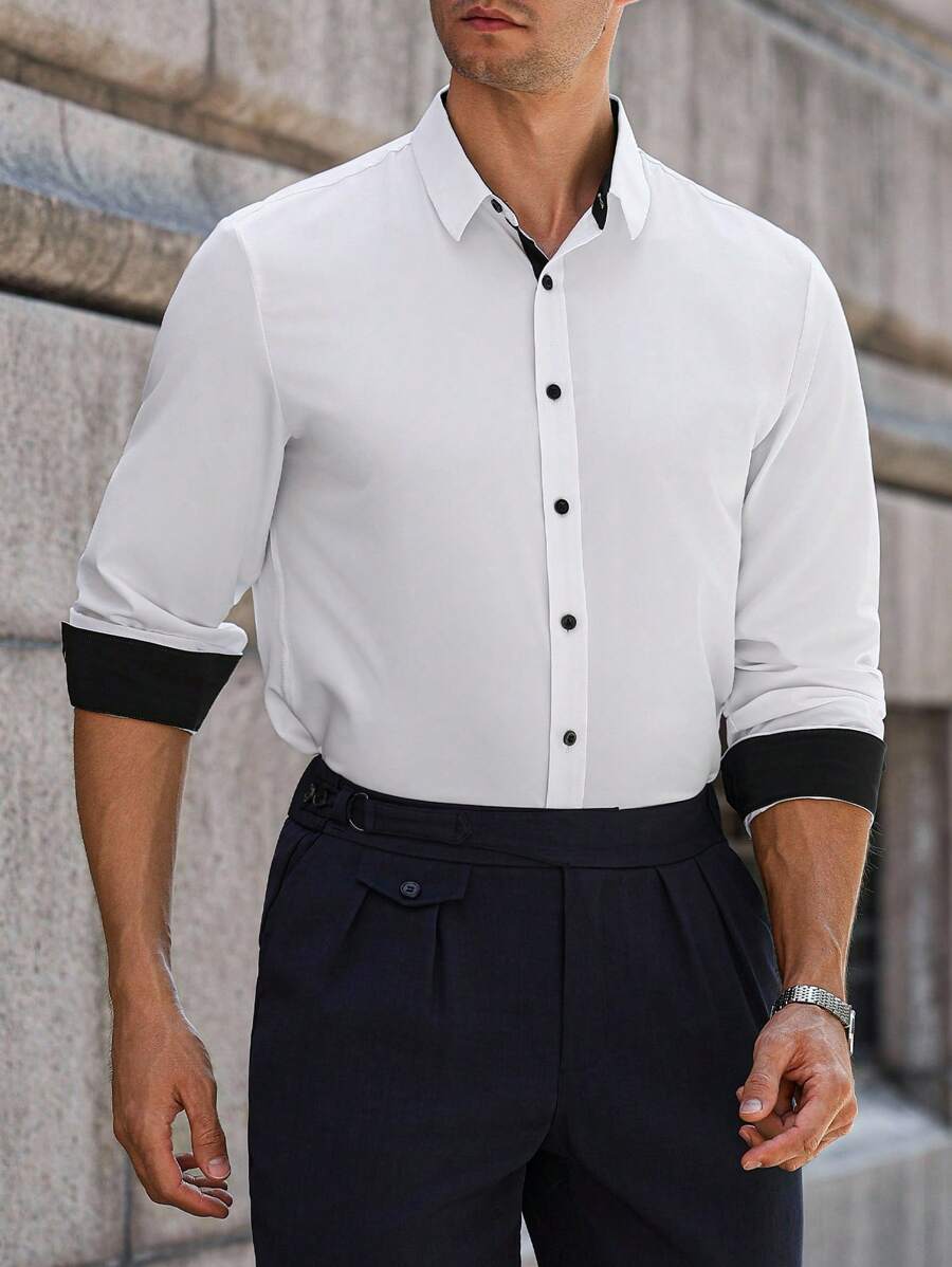 Manfinity Bizformal 男士休闲百搭长袖衬衫，适合通勤，秋季 - 白色 - 查看 1