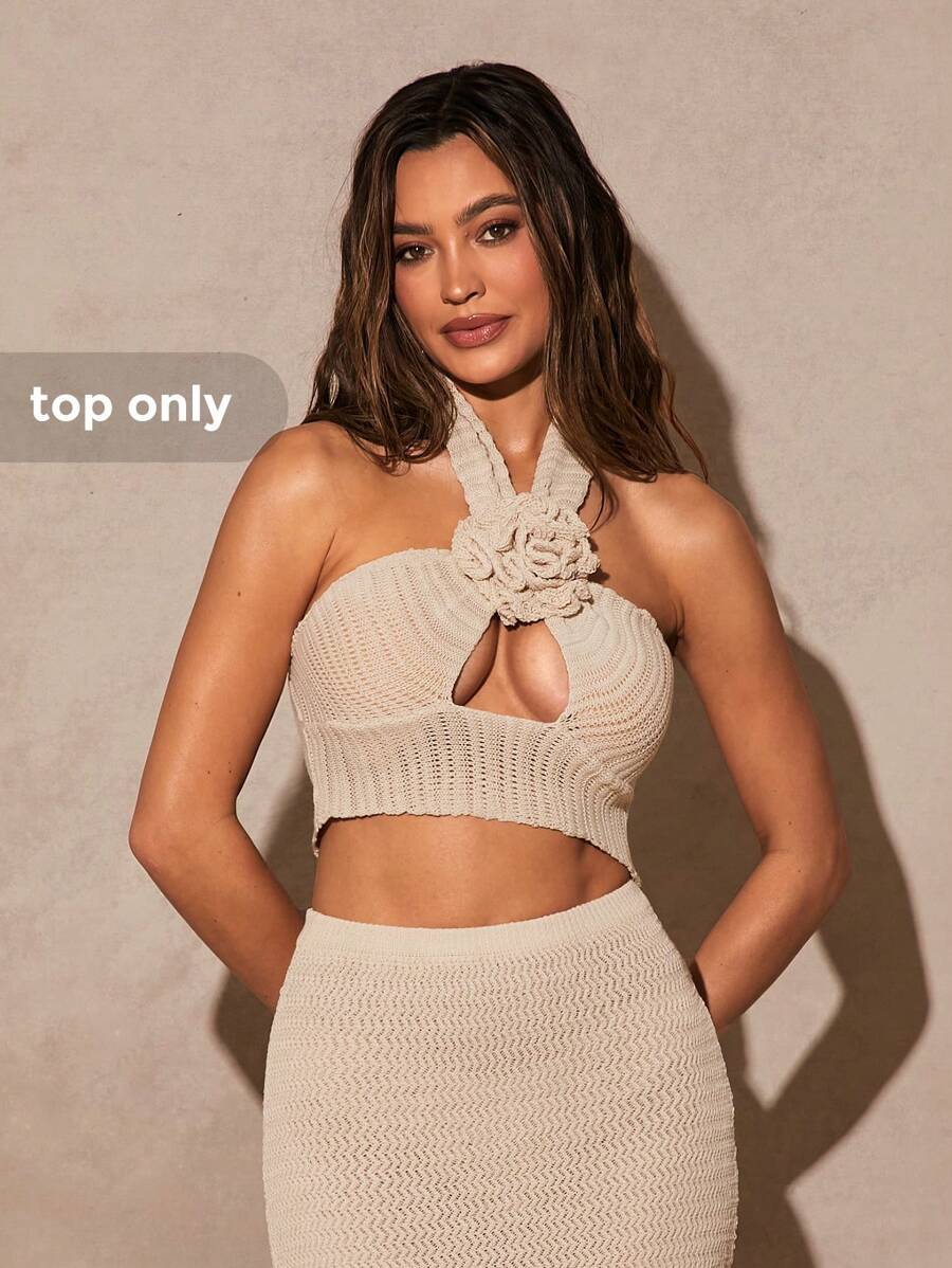 Silquee Romantic Valentine's, Date Night & Sexy Crochet Knit Cover Up Tank Vest, White, Hollow-Out Openwork Spring Summer Beach Wear - Beige - View 1