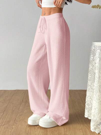 CovetEZ Women's Casual Versatile Solid Color Ribbed Wide Leg Pants,Fall Comfy Pants Lounge Pants Pink Sweatpants