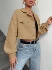 SHEIN EZwear 女士纯色落肩长袖单排扣休闲夹克灯芯绒夹克 Y2k 秋冬短款上衣夹克 - 駝色 - 查看 5