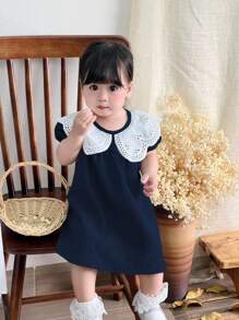 SHEIN 女婴节日装圣诞节休闲装夏季灰蓝色娃娃领连衣裙 - 藏蓝色 - 查看 8