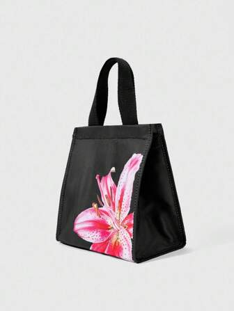 Fairycore Black Flower Print Fashionable Insulated Lunch Bag