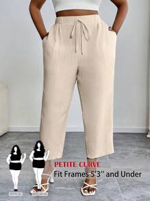 SHEIN PETITE CURVE 大码度假纯色打结休闲裤，带口袋，夏季女装下装，女士夏季裤装 - 卡其色 - 查看 1
