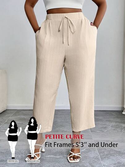 SHEIN PETITE CURVE Spodnie codzienne w dużych rozmiarach, w jednolitym kolorze, wiązane, z kieszeniami, letnie ubrania, damskie spodnie, letnie spodnie damskie