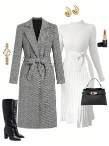 Ellevyn 女士优雅长袖中长款灰色外套，适合秋冬日常穿着，长款格纹/人字纹大衣 - 黑與白 - 查看 1