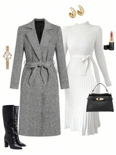 Ellevyn 女士优雅长袖中长款灰色外套，适合秋冬日常穿着，长款格纹/人字纹大衣