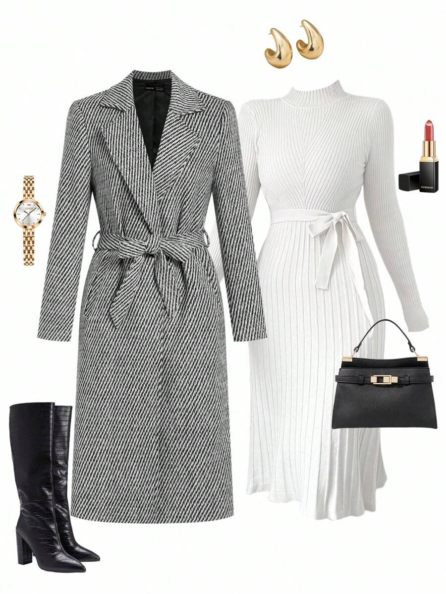 Ellevyn 女士优雅长袖中长款灰色外套，适合秋冬日常穿着，长款格纹/人字纹大衣 - 黑與白 - 查看 1