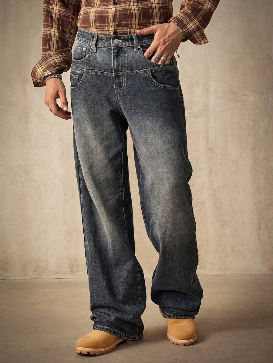 Manfinity Homme Jeans de mezclilla lavada azul grisácea de corte holgado, primavera/verano - Azul lavado medio - Ver 1