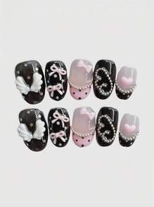 ROMWE Kawaii 10 đôi cánh thiên thần dễ thương, trái tim lãng mạn, nơ kiểu vũ công ba lê, cánh trắng, chấm bi cổ điển vàng hồng, miếng dán móng tay giả thủ công, trang phục năng động sản xuất hàng loạt cho bé gái, thích hợp cho các buổi đi chơi hàng ngày và hẹn hò - màu đen - Xem 2