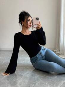 Elenzga Sweater Lengan Lonceng Warna Polos Kasual untuk Wanita, Pakaian Musim Gugur dan Musim Dingin untuk Wanita - Hitam - View 3