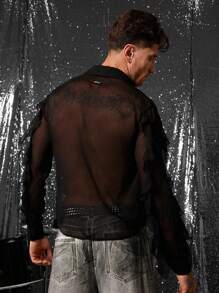 FeverCity 男士翻领半透明性感长袖衬衫 - 黑色 - 查看 3