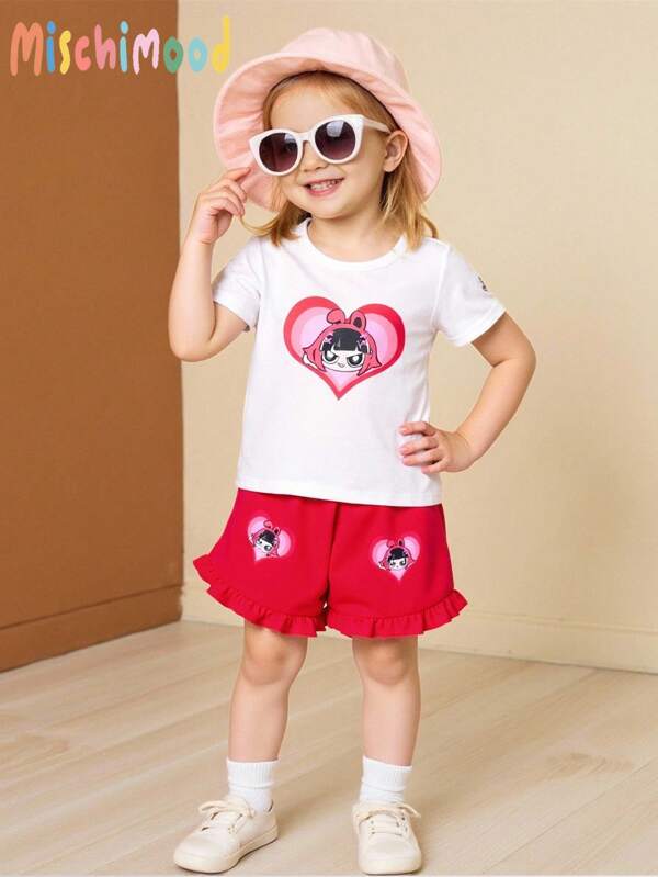 Baby Girls Simple Heart Pattern Short Sleeve Top And Shorts Set, Comfortable Casual Outfit