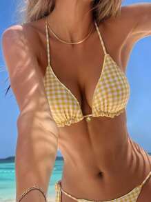 Swim Mod 女士甜美露背双层面料三角比基尼上衣，适合夏季海滩派对 - 黃色 - 查看 3