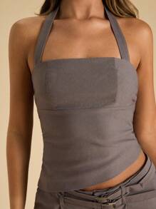 SHEIN BAE Stylish Backless Women's Halter Tank Top In Dark Grey Woven Fabric - Dark Grey - View 3