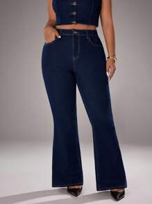 SHEIN Unity Plus Size Women's Fashion Elastic Casual Denim Jeans - Dark Wash - View 5