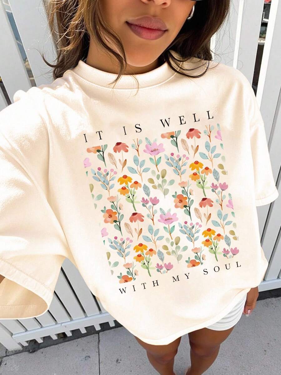 EMERY ROSE Phụ nữ mặc áo cổ tròn, tay ngắn, in chữ và hoa trên ngực cho mùa hè tay ngắn - Màu be - Xem 1