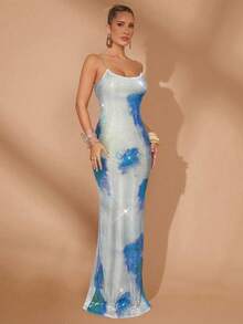 Lumalex Váy liền thân dài đính sequin lấp lánh cho ngày lễ tình nhân mùa đông xuân tiệc cưới dành cho nữ - Màu xanh lam - Xem 3