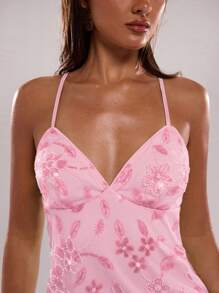 SHEIN BAE Áo hai dây họa tiết hoa sequin thanh lịch nhẹ nhàng dành cho nữ mùa hè - Màu Hồng baby - Xem 4