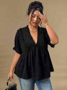 Plus Size Women Frill Short Sleeve Loose Casual Blouse For Summer - Black - View 8