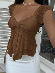 SHEIN EZwear Áo hai dây tay lửng xếp lớp bất đối xứng phối ren lãng mạn kiểu Pháp - Cà phê nâu - Xem 5