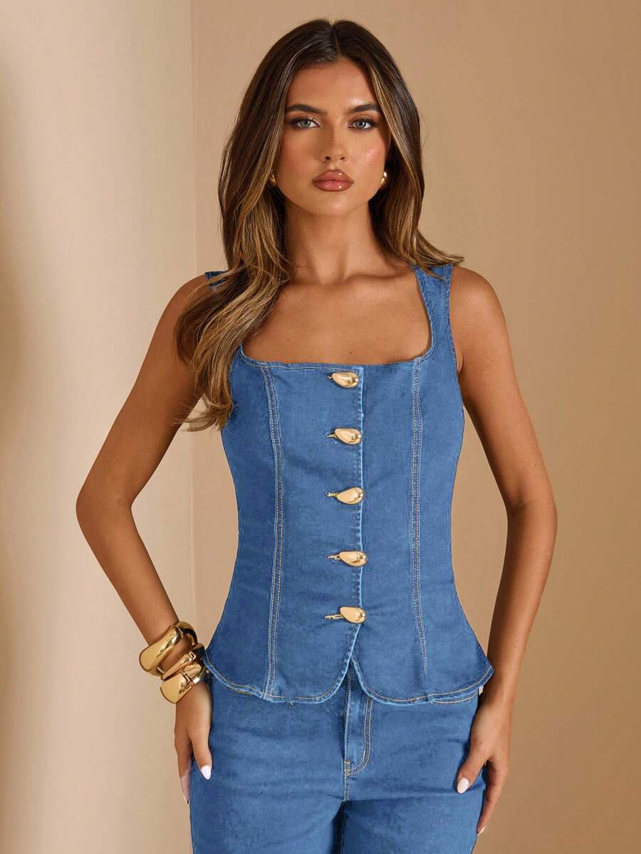 SHEIN BAE 女式无袖前扣收腰牛仔上衣，休闲夏季，无袖牛仔上衣纽扣前设计夏季休闲时尚修身优雅风格个性化单品 - 淺色水洗藍 - 查看 1