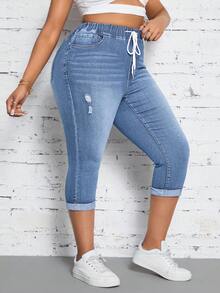 Jeanoix Celana Capri Skinny Wanita Ukuran Besar dengan Tali Serut di Pinggang dan Saku, Model Sobek-sobek - Biru - View 3