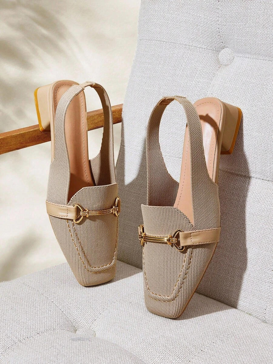 CUCCOO BASICS Women's Apricot Fabric Chain Strap Low Heel Square Toe Slingback Flats, Suitable For Commuting, Dating, Party, Holiday - Apricot - View 1